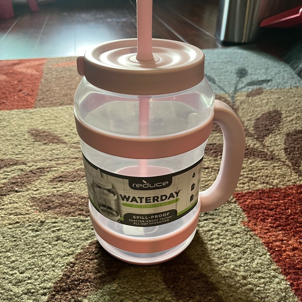 Pink and Clear Water Jug with Straw. 80 oz.
